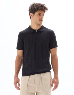 Regular fit Gebreide Ritskraagpolo - Zwart