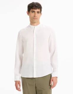 Regular fit hemd met mandarijnkraag, 100% linnen - wit