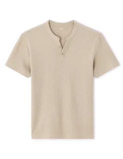Regular Fit Henley T-shirt - Gewafeld - 100% Katoen - Sand