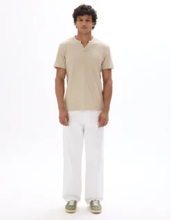Regular Fit Henley T-shirt - Gewafeld - 100% Katoen - Sand