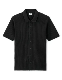 Regular fit opengewerkt gebreid shirt - Zwart
