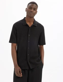 Regular fit opengewerkt gebreid shirt - Zwart
