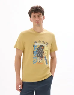 Regular fit T-shirt met ronde hals van 100% katoen met Aziatische print - Mosterd