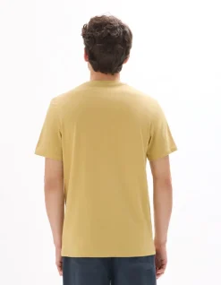 Regular fit T-shirt met ronde hals van 100% katoen met Aziatische print - Mosterd