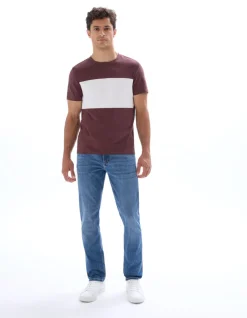 Regular fit T-shirt met ronde hals, 100% katoen, color block - bordeaux