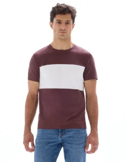 Regular fit T-shirt met ronde hals, 100% katoen, color block - bordeaux