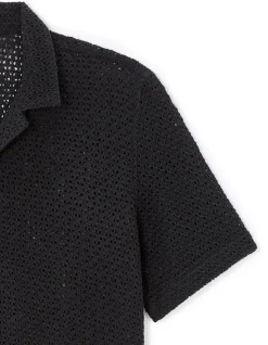 Reguliere gestreepte haakchemise van 100% katoen - zwart