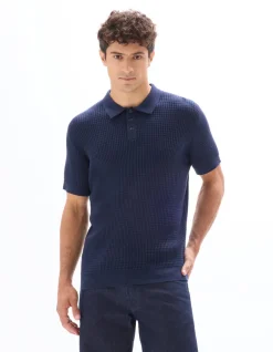 Ribgebreide regular fit polo - marineblauw