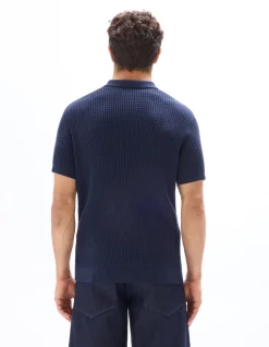 Ribgebreide regular fit polo - marineblauw