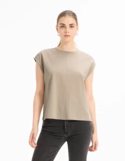 Ruimvallend mouwloos katoenen T-shirt beige