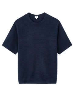 Ruimvallend T-shirt met ronde hals en opengewerkt breisel - Marineblauw