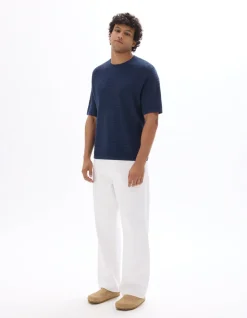 Ruimvallend T-shirt met ronde hals en opengewerkt breisel - Marineblauw