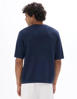 Ruimvallend T-shirt met ronde hals en opengewerkt breisel - Marineblauw