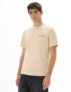 Ruimvallend T-shirt met ronde hals, 100% katoen, stadspRint - Beige