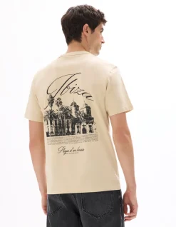 Ruimvallend T-shirt met ronde hals, 100% katoen, stadspRint - Beige