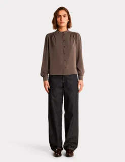 Satijnen blouse met knoopjes - grijs