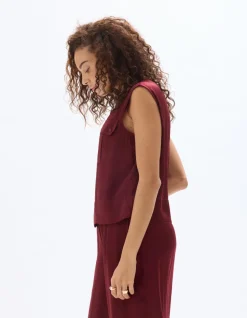 Satijnen mouwloze blouse - vijg