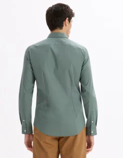 Slim fit unie stretchkatoenen overhemd - kaki