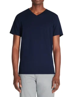 Slim-fit T-shirt met V-hals in stretchkatoen - marineblauw