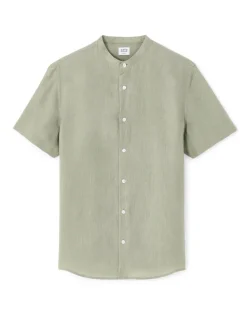 Hemd regular fit Mao-kraag 100% linnen - saliegroen