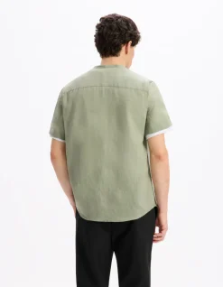 Hemd regular fit Mao-kraag 100% linnen - saliegroen