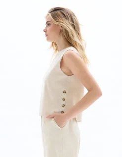 Top van katoenlinnen met knoopje aan de zijkant - beige