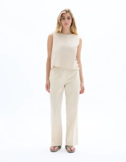 Top van katoenlinnen met knoopje aan de zijkant - beige