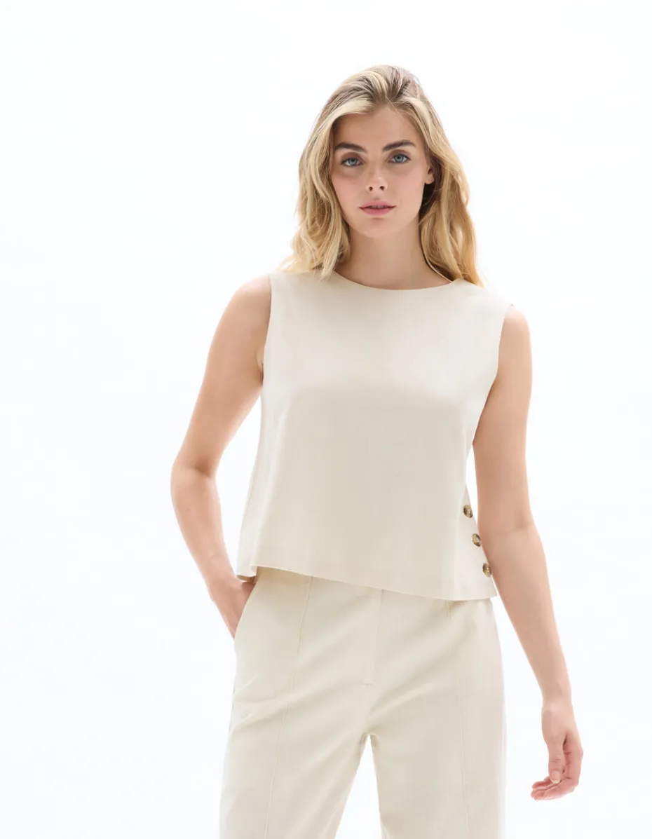 Top van katoenlinnen met knoopje aan de zijkant - beige