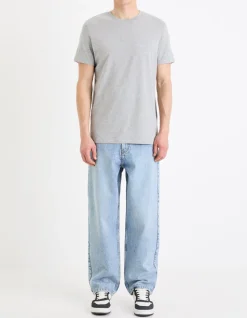 T-shirt recht col rond coton mélangé + lang - gris chiné