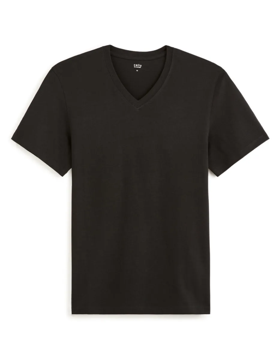 T-shirt recht col v 100% katoen - noir