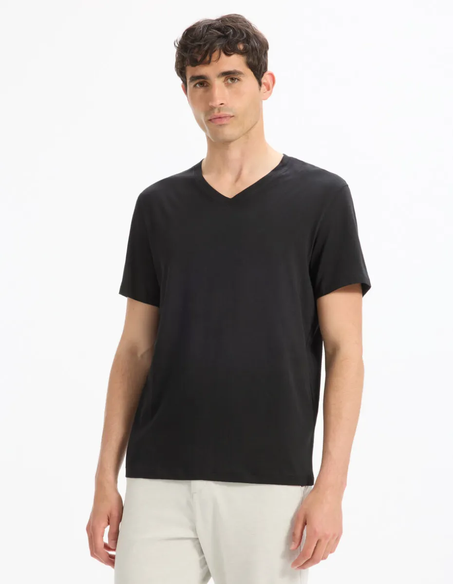 T-shirt recht col v 100% katoen - noir
