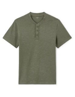 T-shirt rechte col tunisien 100% katoen - kaki