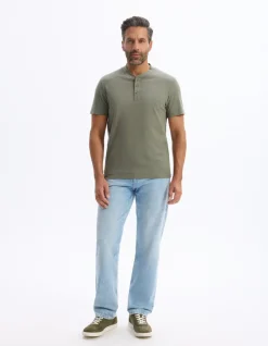 T-shirt rechte col tunisien 100% katoen - kaki