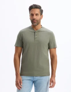 T-shirt rechte col tunisien 100% katoen - kaki