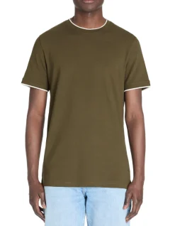 T-shirt rechte ronde hals 100% katoen stretch - kaki
