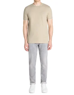 T-shirt rechte ronde hals 100% katoen stretch - beige