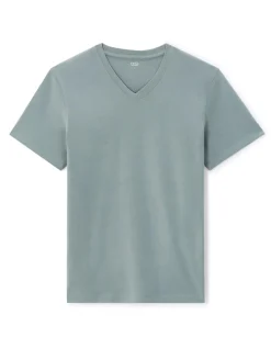 T-shirt regular col v 100% katoen - vert de gris