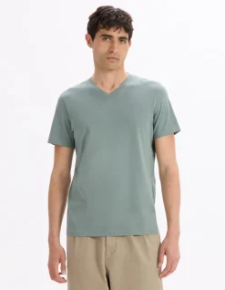 T-shirt regular col v 100% katoen - vert de gris