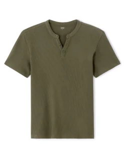 T-shirt regular fit Henley kraag gewafeld 100% katoen - kaki