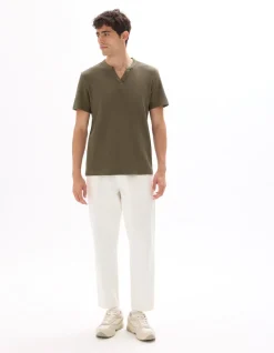T-shirt regular fit Henley kraag gewafeld 100% katoen - kaki