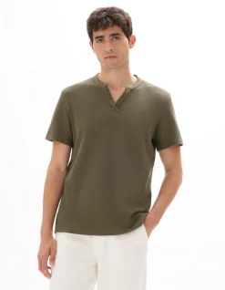 T-shirt regular fit Henley kraag gewafeld 100% katoen - kaki