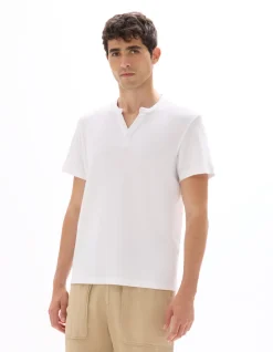 T-shirt regular fit met Henleykraag, gewafeld, 100% katoen - wit