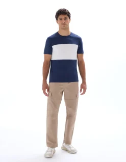 T-shirt Regular fit Ronde hals 100% katoen Color block - Marineblauw
