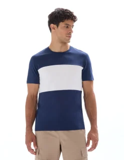T-shirt Regular fit Ronde hals 100% katoen Color block - Marineblauw
