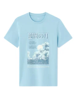T-shirt regular fit ronde hals 100% katoen met Aziatische print - hemelsblauw