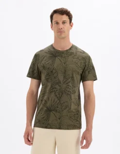 T-shirt regular fit ronde hals 100% katoen gebloemd - Kaki