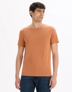T-shirt slim col rond 100% katoen stretch - bruin