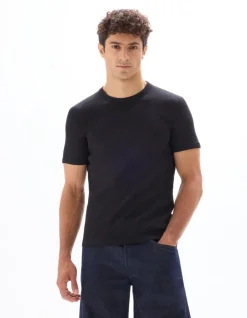 T-shirt slim fit met ronde kraag van geribd stretch katoen - zwart