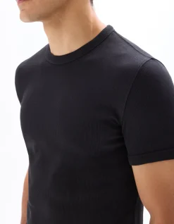 T-shirt slim fit met ronde kraag van geribd stretch katoen - zwart