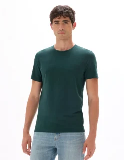 T-shirt slim ronde hals stretchkatoen - donkergroen
